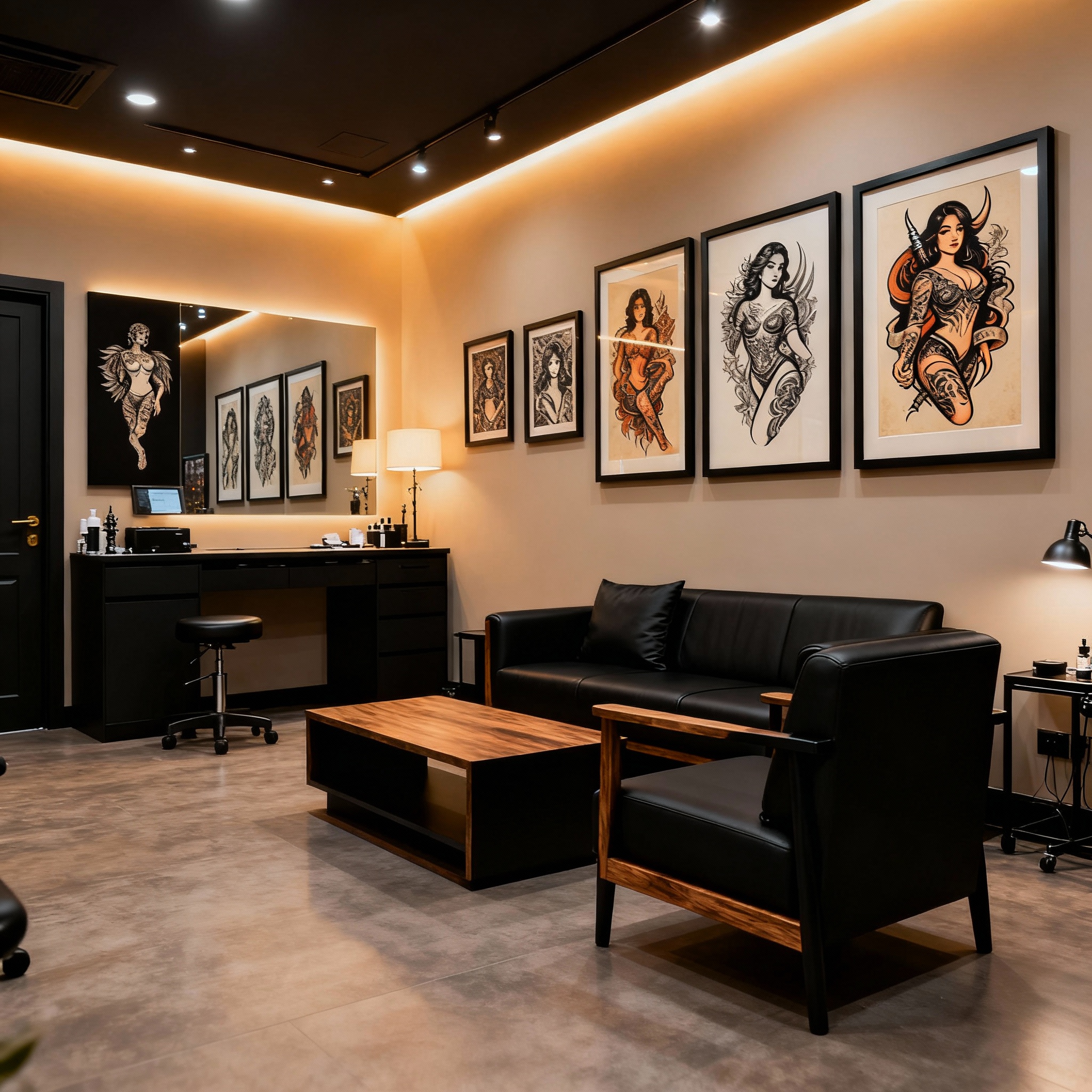 Sala de espera acogedora del estudio con asientos cómodos y galería de arte